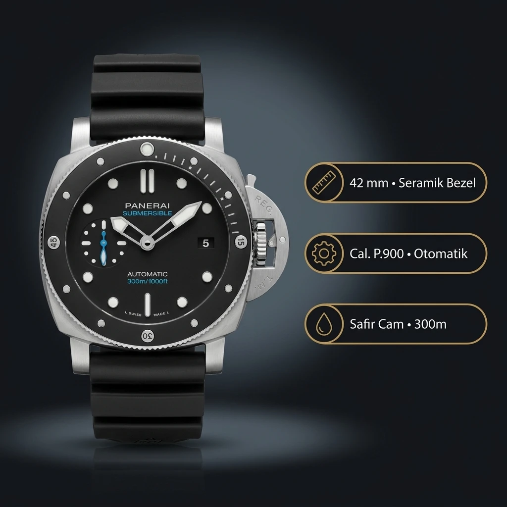 Panerai 42 mm PAM01222 Submersible Siyah Kadran Kauçuk Kordon Super Clone ETA Saat