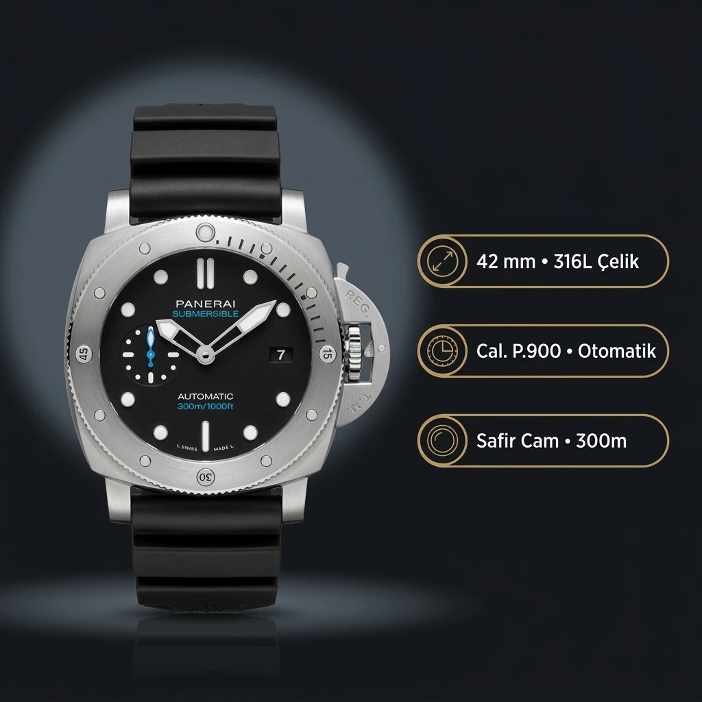 Panerai 42 mm PAM01222 Submersible Siyah Kadran Kauçuk Kordon Zarif Super Clone ETA Saat