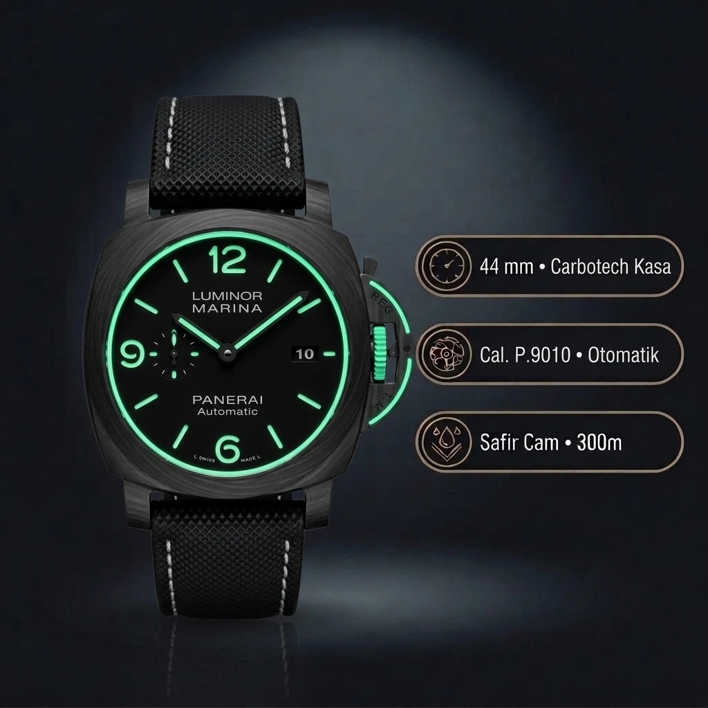 Panerai 44 mm PAM01226 Luminor Marina Karbon Yeşil Kadran Klasik Super Clone ETA Saat