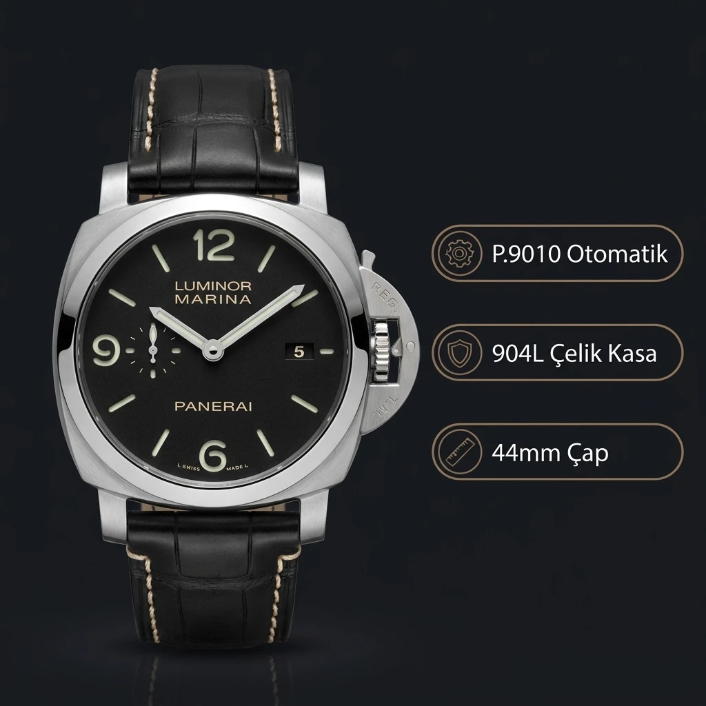 Panerai 44 mm PAM01312 Luminor Marina Siyah Kadran Çelik Deri Kordon Super Clone ETA Saat