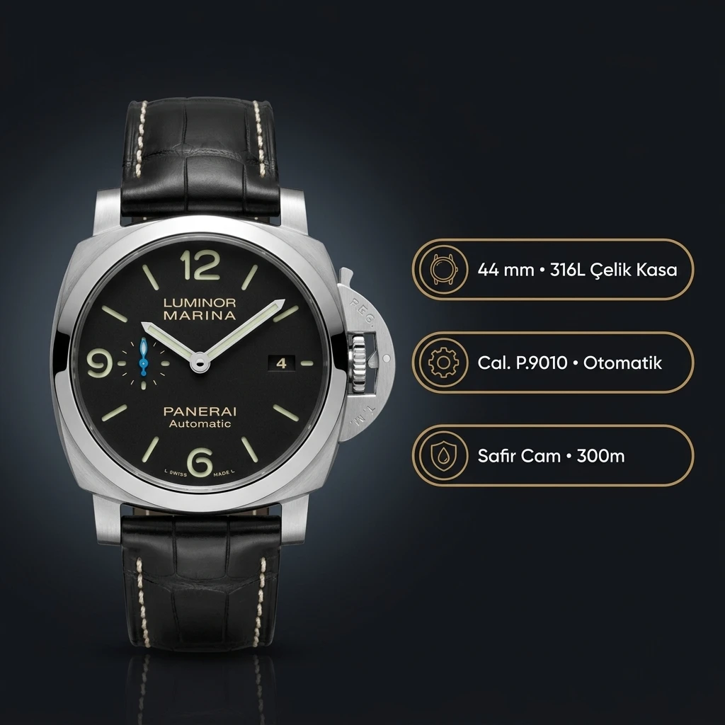 Panerai 44 mm PAM01312 Luminor Marina Siyah Kadran Çelik Kasa Siyah Deri Super Clone ETA Saat