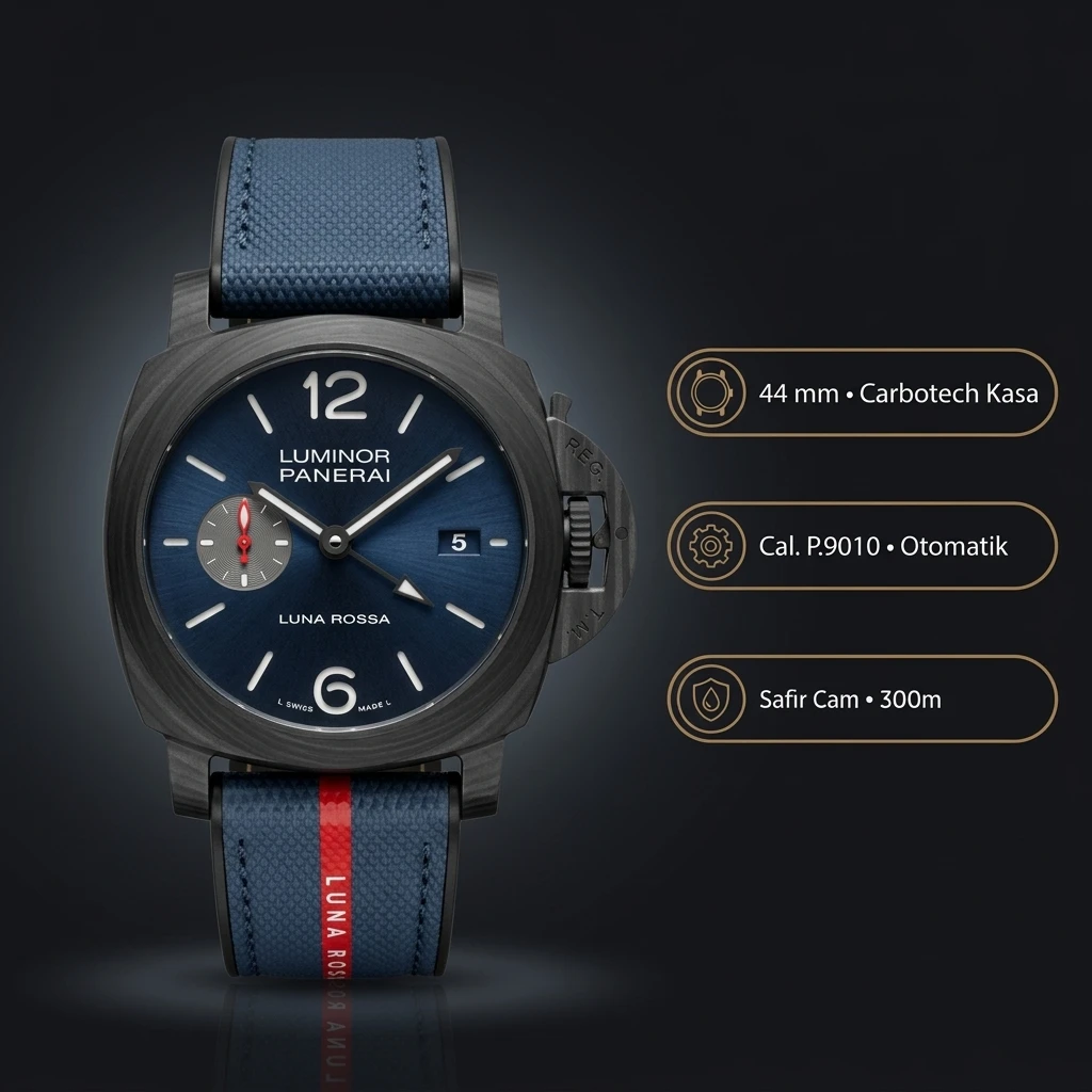 Panerai 44 mm PAM01314 Luminor Karbon Mavi Kadran Kırmızı Kordon Super Clone ETA Saat