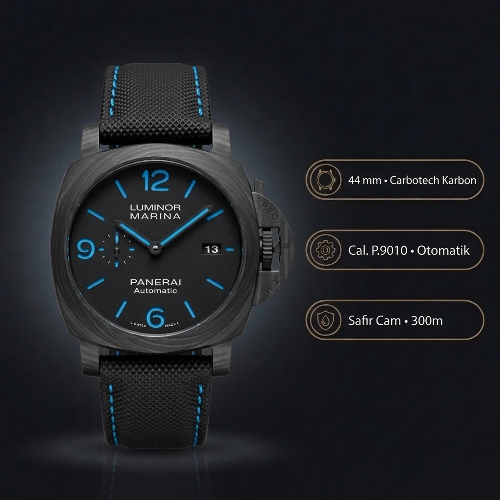 Panerai 44 mm PAM01314 Luminor Marina Karbon Kasa Siyah Kadran Mavi Kauçuk Kordon Super Clone ETA Saat