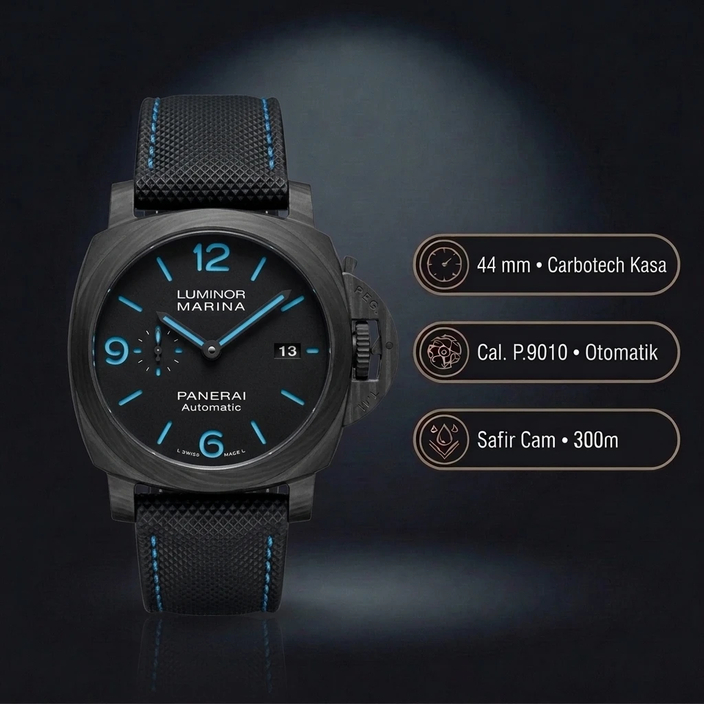 Panerai 44 mm PAM01314 Luminor Marina Karbon Mavi Kadran Super Clone ETA Saat