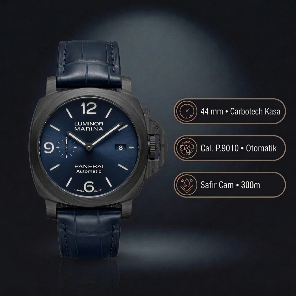 Panerai 44 mm PAM01314 Luminor Marina Karbon Mavi Kadran Zarif Super Clone ETA Saat