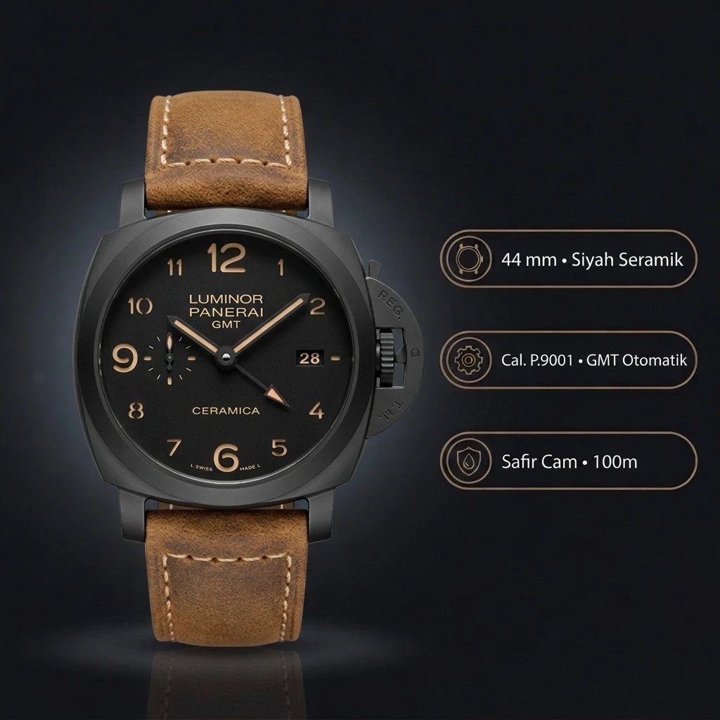 Panerai 44 mm PAM01361 Luminor Gmt Ceramica Siyah Kadran Seramik Kasa Kahverengi Deri Kordon Super Clone ETA Saat