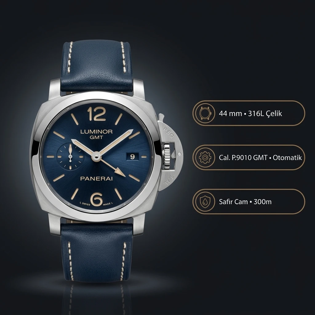 Panerai 44 mm PAM01361 Luminor GMT Mavi Kadran Klasik Super Clone ETA Saat