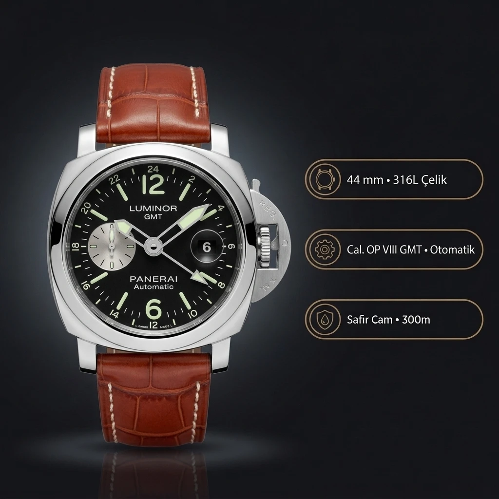 Panerai 44 mm PAM01361 Luminor GMT Siyah Kadran Deri Super Clone ETA Saat