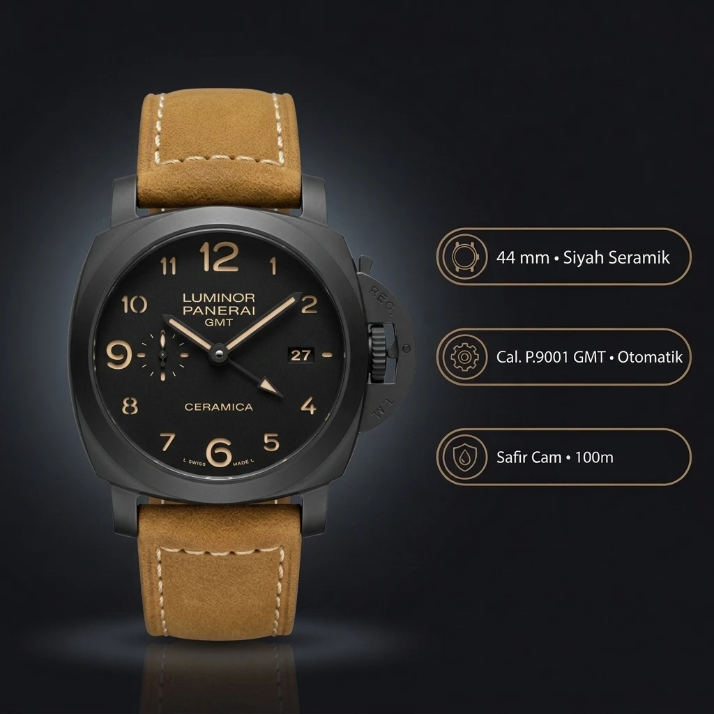 Panerai 44 mm PAM01361 Luminor GMT Siyah Kadran Klasik Super Clone ETA Saat
