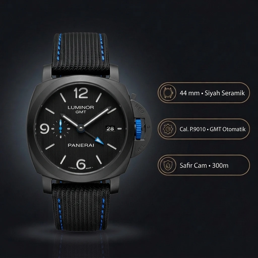 Panerai 44 mm PAM01361 Luminor Gmt Siyah Seramik Kasa Siyah Nato Kordon Super Clone ETA Saat