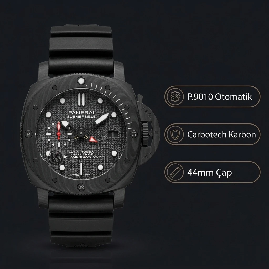 Panerai 44 mm PAM01436 Submersible Luna Rossa Siyah Kadran Karbon Super Clone ETA Saat