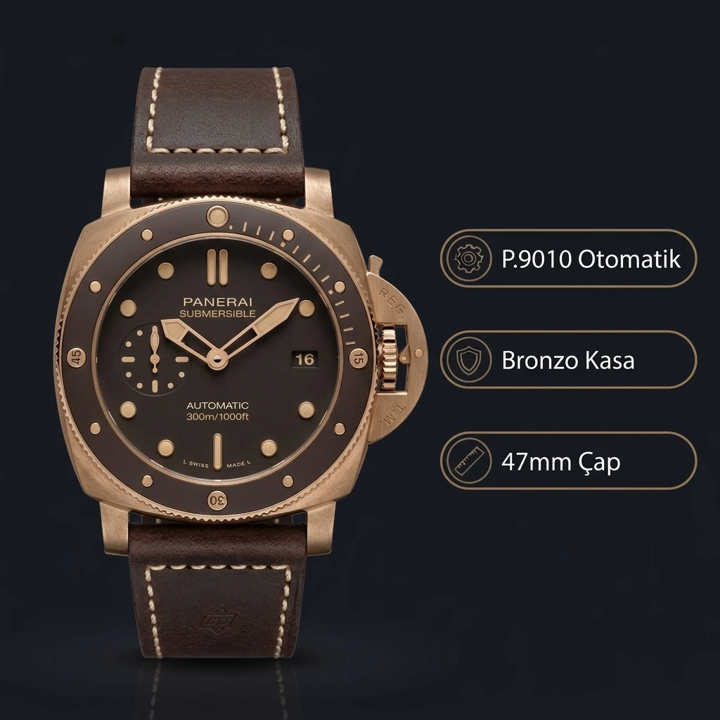 Panerai 47 mm PAM01074 Submersible Bronzo Siyah Kadran Super Clone ETA Saat