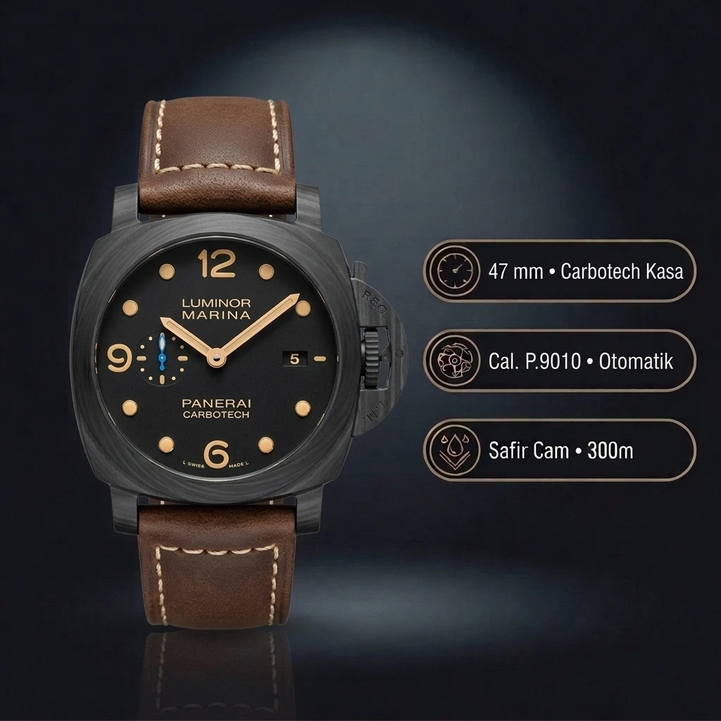 Panerai 47 mm PAM01616 Luminor Marina Karbon Siyah Kadran Klasik Super Clone ETA Saat