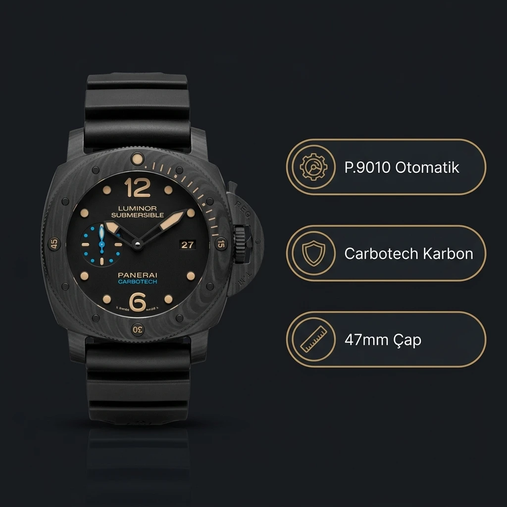Panerai 47 mm PAM01616 Luminor Submersible Carbotech Siyah Kadran Karbon Kauçuk Kordon Super Clone ETA Saat