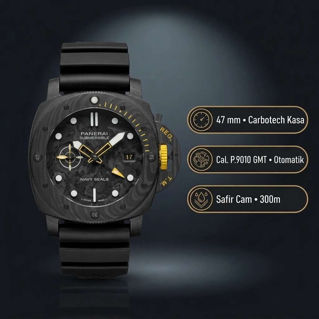 Panerai 47 mm PAM01616 Submersible Karbon Siyah Kadran Klasik Super Clone ETA Saat