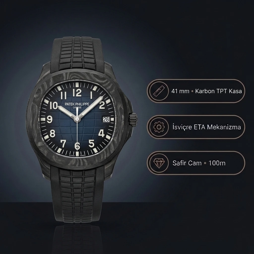 Patek Philippe Aquanaut 5167 41 mm Karbon Kasa Lacivert Siyah Kadran Siyah Kauçuk Super Clone ETA Saat