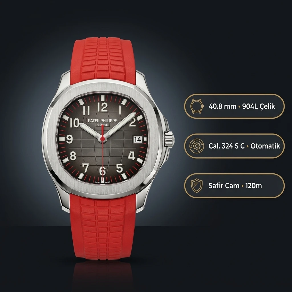 Patek Philippe Aquanaut 5167 40.8 mm Siyah Kadran Kırmızı Kauçuk Kordon Super Clone ETA Saat