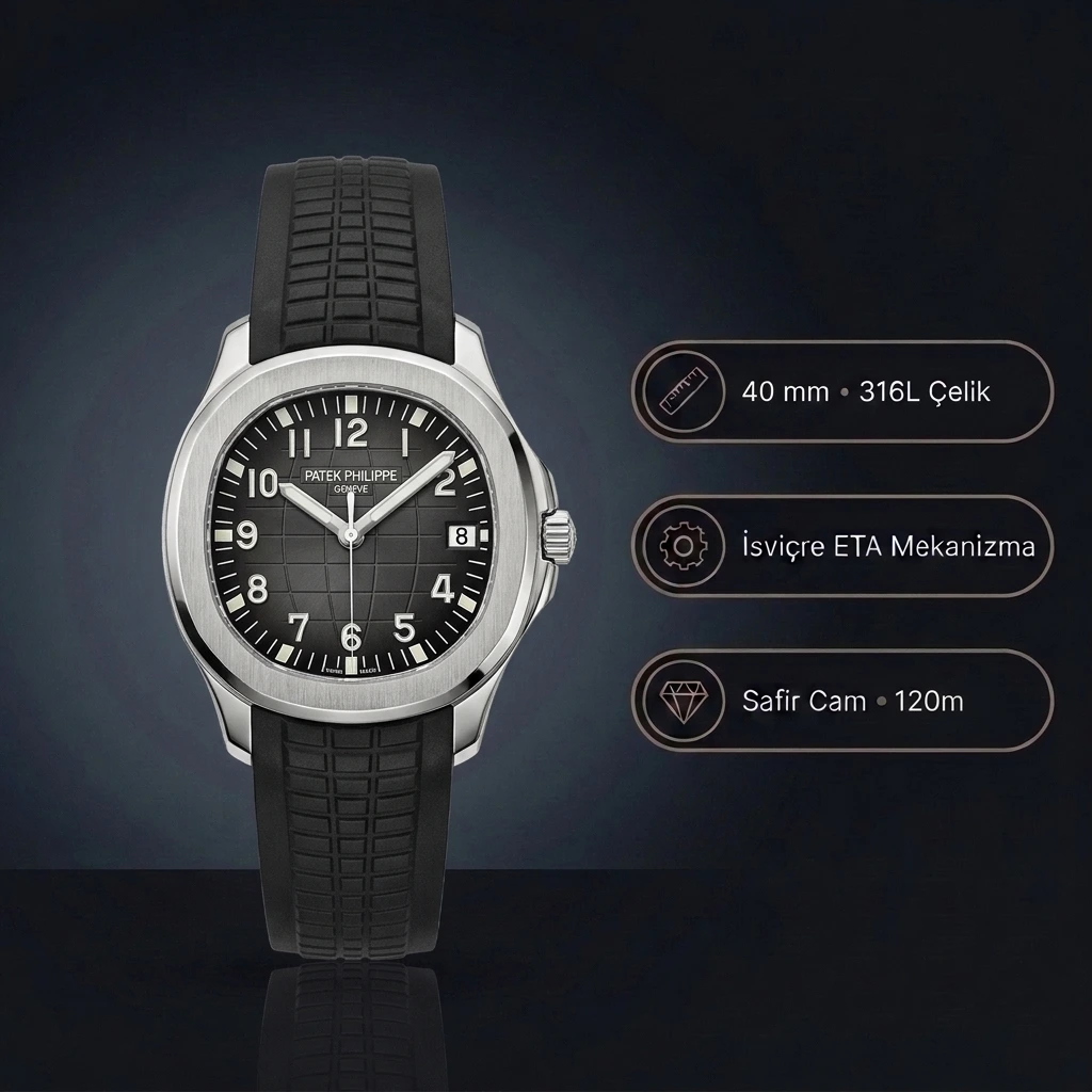 Patek Philippe Aquanaut 5167A-001 40 MM Siyah Kabartma Kadran Siyah Kauçuk Kordon Super Clone ETA Saat