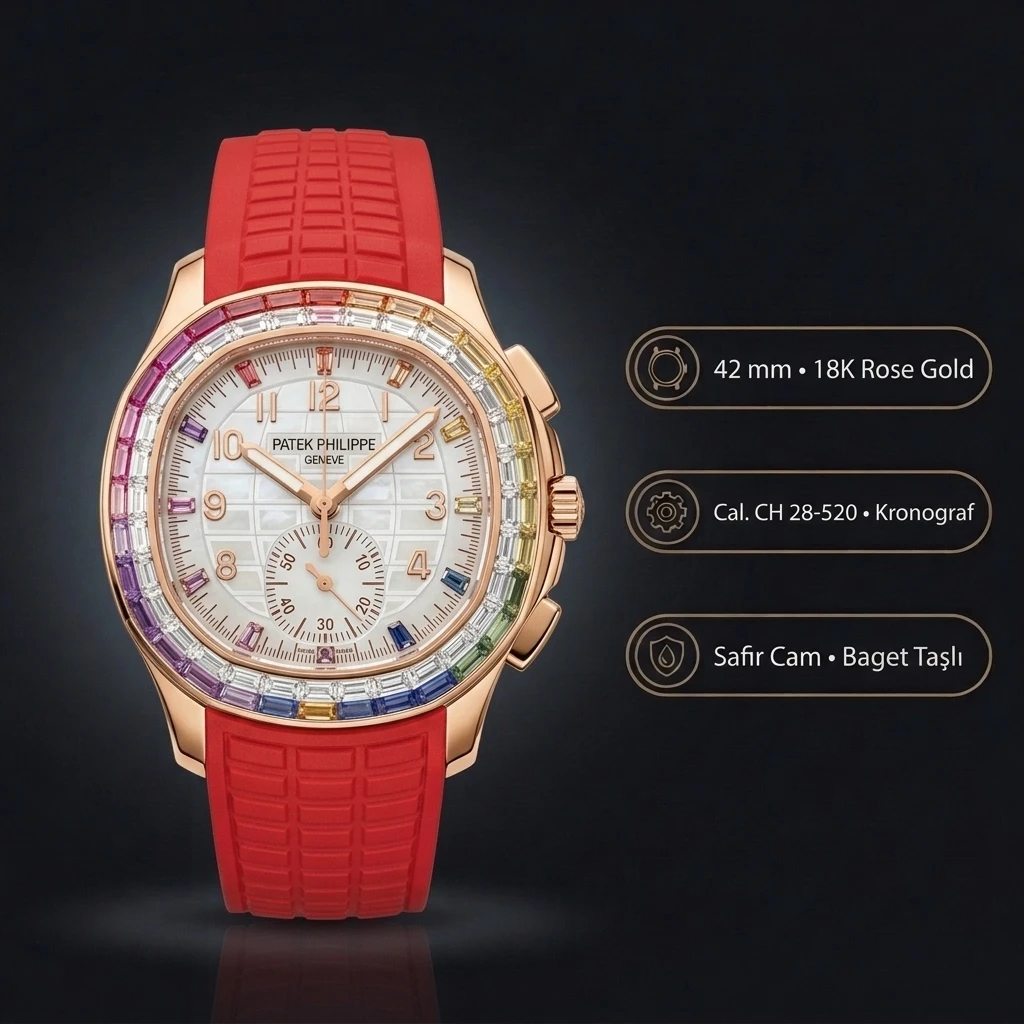 Patek Philippe Aquanaut 5968 Beyaz Gökkuşağı Taşlı Kirmizi Kauçuk Kordon 42 mm Super Clone ETA Saat