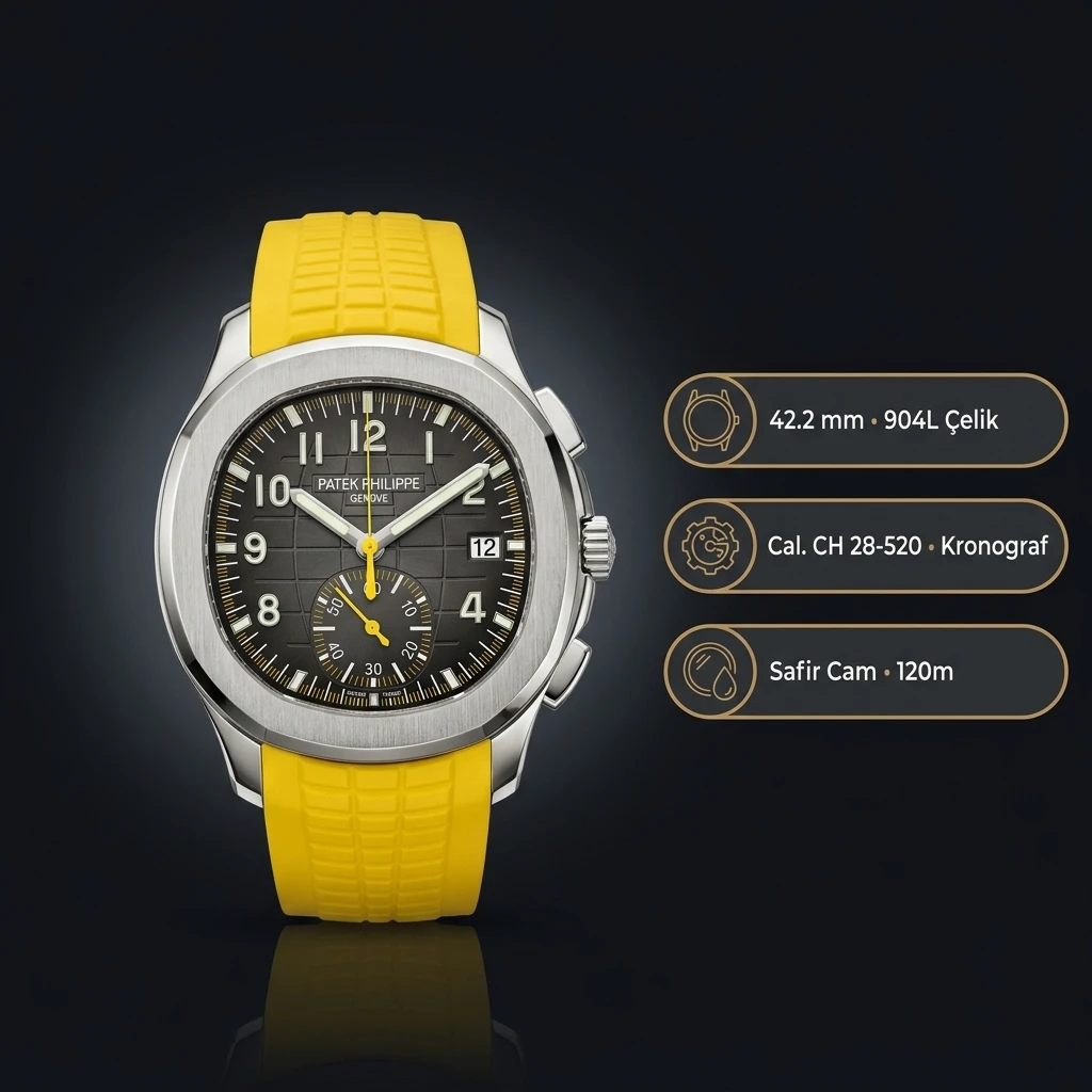 Patek Philippe Aquanaut 5968 Siyah Chronograph Sarı Kauçuk Kordon Parlak 42 mm Super Clone ETA Saat