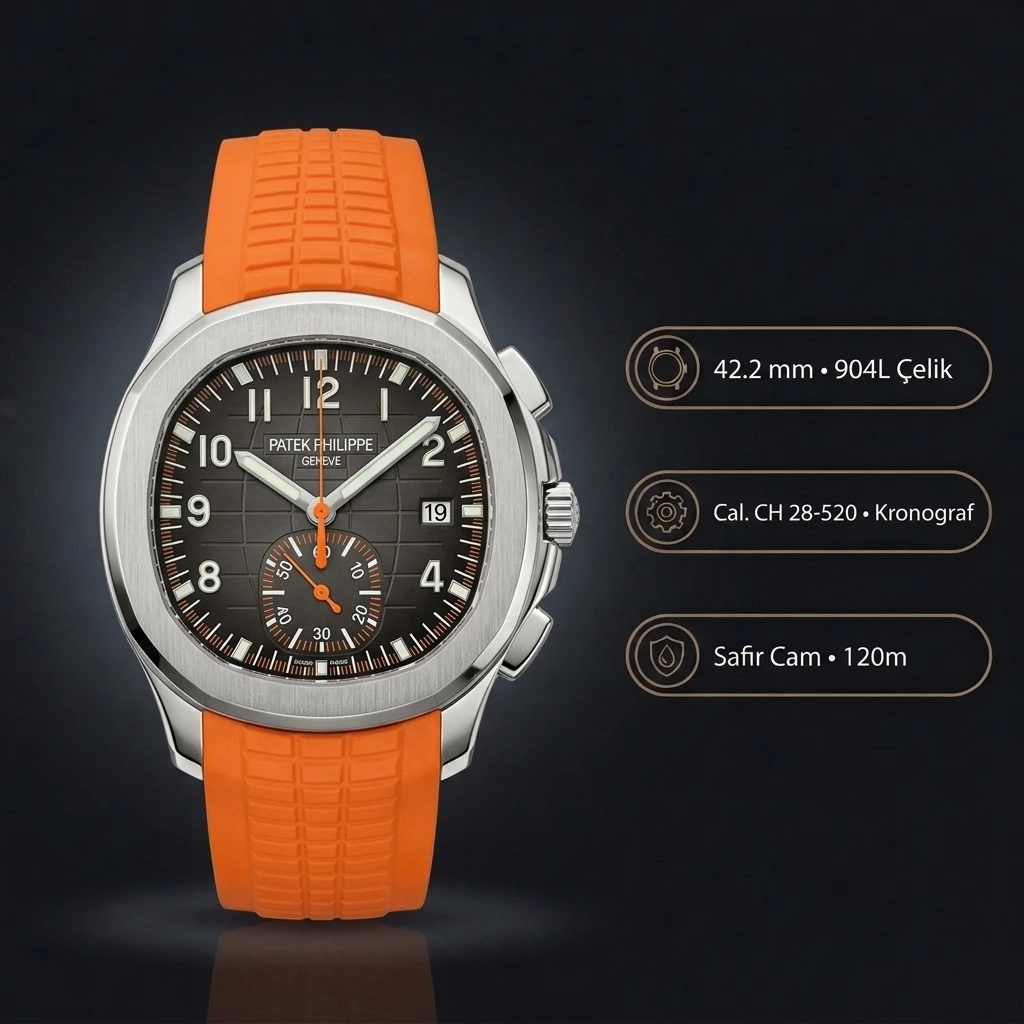 Patek Philippe Aquanaut 5968 Siyah Chronograph Turuncu Kauçuk Kordon Parlak 42 mm Super Clone ETA Saat