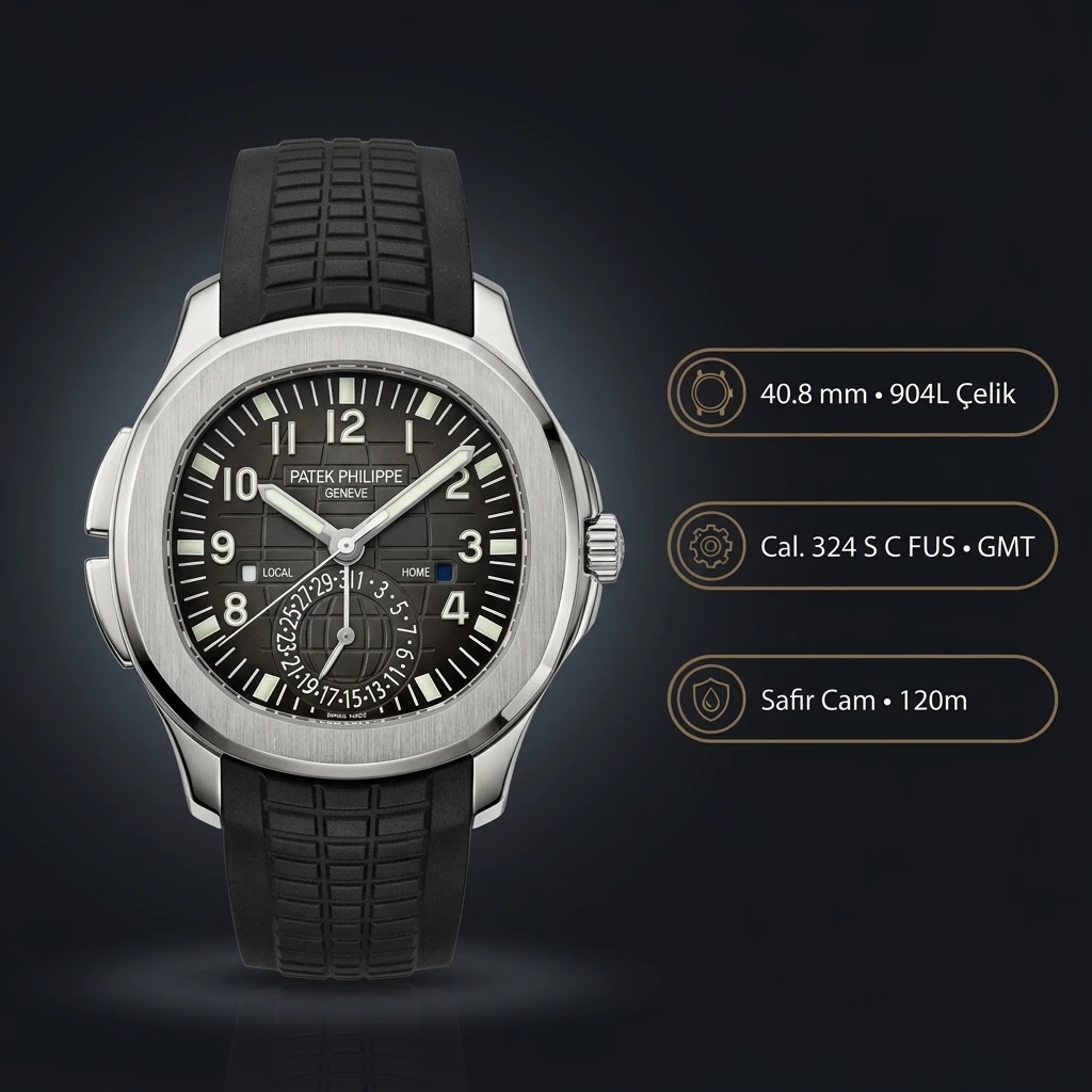 Patek Philippe Aquanaut Gri Kadran Cift Zaman Kauçuk Kordon 40 mm Super Clone ETA Saat