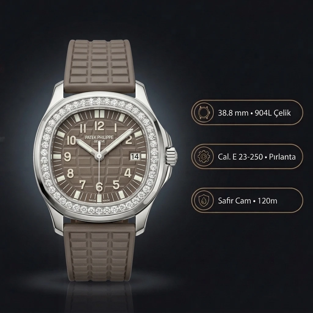 Patek Philippe Aquanaut Luce Bayan Kahve Kadran Elmas Taşlı Çelik Kauçuk Kordon 35 mm Super Clone ETA Saat