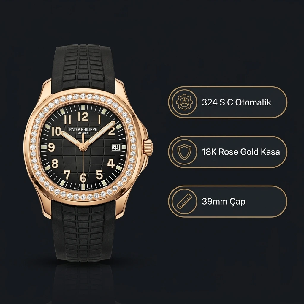 Patek Philippe Aquanaut Luce Siyah Kadran Taşlı Bezel Gold Kauçuk Kordon 39 mm Super Clone ETA Saat