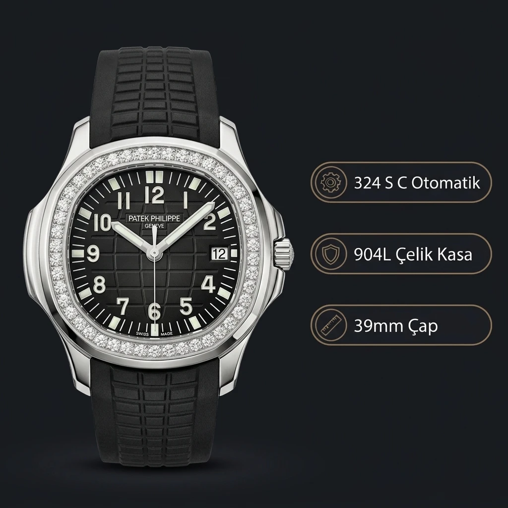 Patek Philippe Aquanaut Siyah Kadran Taşlı Bezel Çelik Kauçuk Kordon 39 mm Super Clone ETA Saat