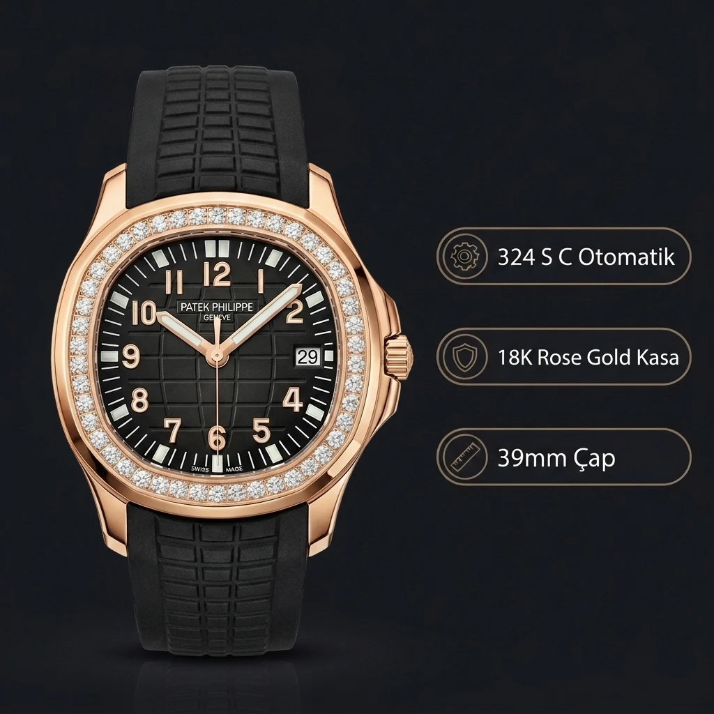 Patek Philippe Aquanaut Siyah Kadran Taşlı Bezel Rose Gold Kauçuk Kordon 39 mm Super Clone ETA Saat