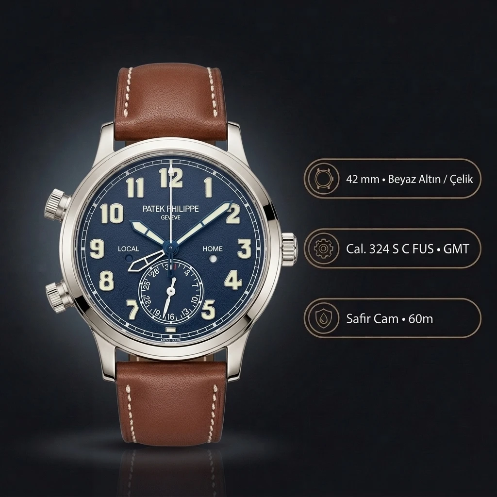 Patek Philippe Calatrava Pilot Travel Time Krem Kadran Cift Zaman Deri 39 mm Super Clone ETA Saat