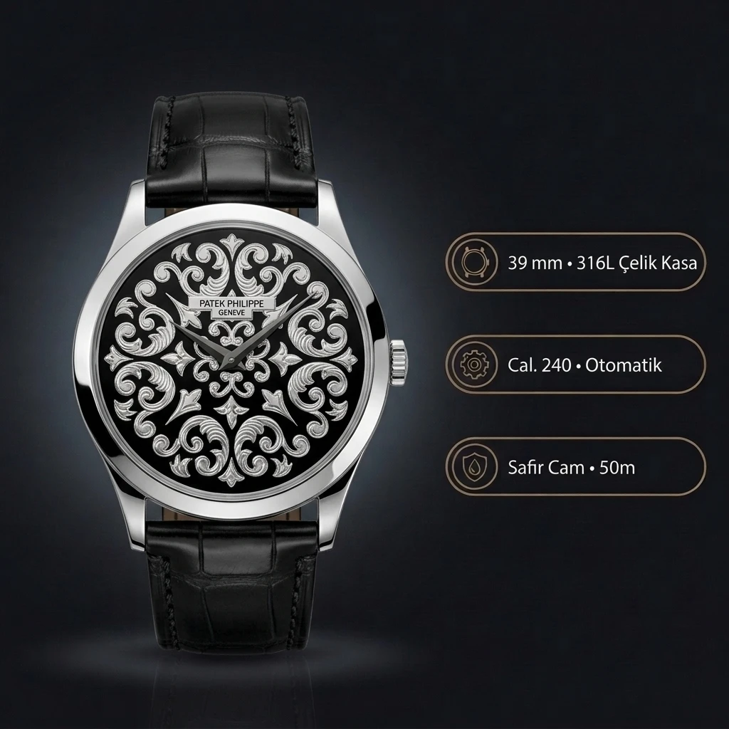 Patek Philippe Calatrava Siyah İskelet Kadran Siyah Deri 39 mm Super Clone ETA Saat