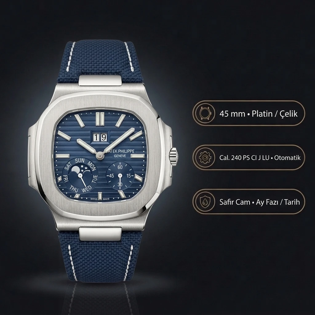 Patek Philippe Cubitus 5822 Mavi Kadran Moonphase Tekstil Kordon 45 mm Super Clone ETA Saat