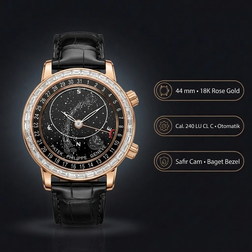Patek Philippe Grand Complications Celestial Siyah Kadran Rose Kasa Baget Bezel Siyah Deri Kordon 40 mm Super Clone ETA Saat