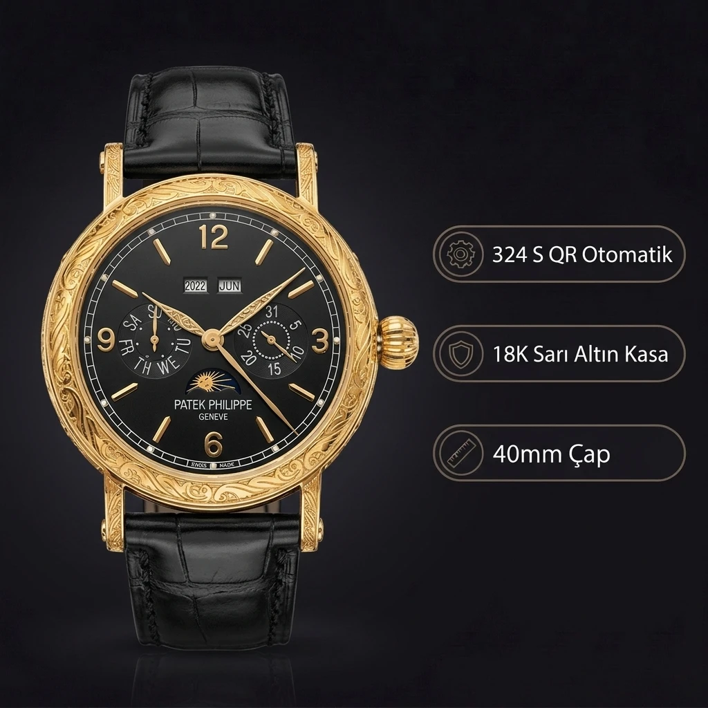 Patek Philippe Grand Complications Perpetual Calendar Siyah Kadran Gold Deri Kordon 40 mm Super Clone ETA Saat