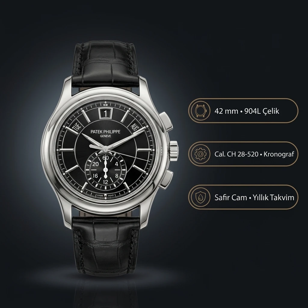 Patek Philippe Grand Complications Siyah Chronograph Perpetual Takvim Deri 40 mm Super Clone ETA Saat