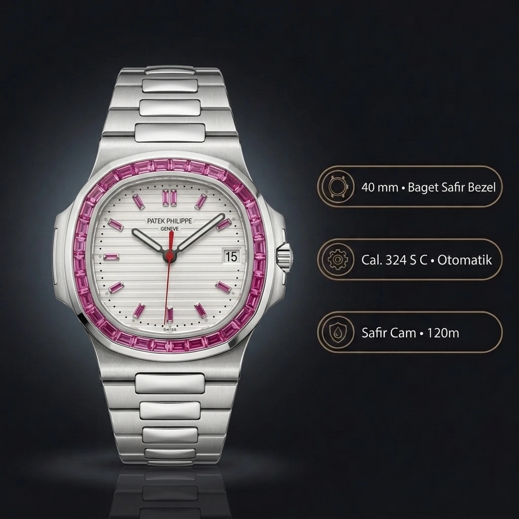 Patek Philippe Nautilus 5711 Beyaz Kadran Pembe Taşlı Bezel 40 mm Super Clone ETA Saat