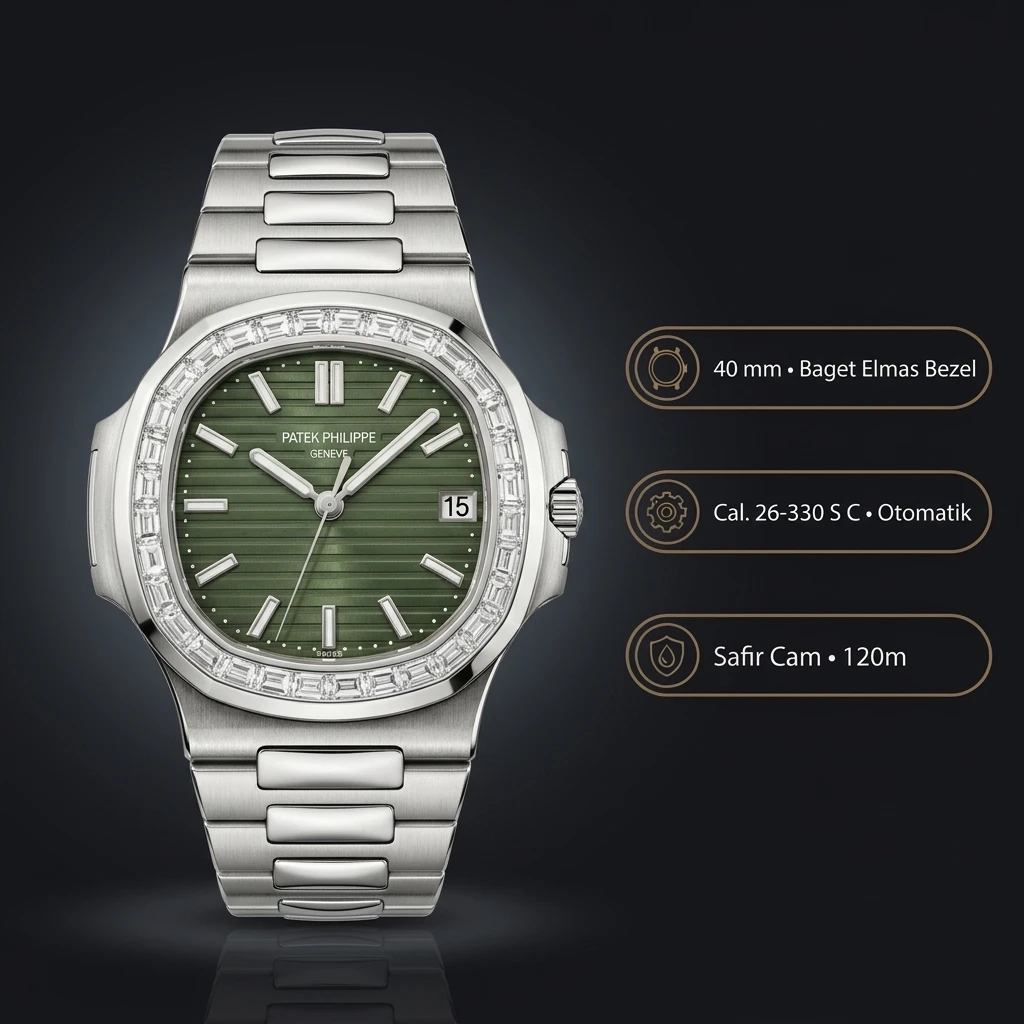 Patek Philippe Nautilus 5711 Yeşil Kadran Baget Taşlı 40 mm Super Clone ETA Saat