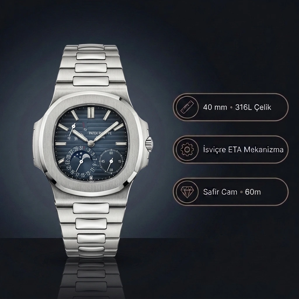 Patek Philippe Nautilus 5712/1A-001 40 MM Mavi Kadran Ay Fazlı Çelik Bilezik Super Clone ETA Saat