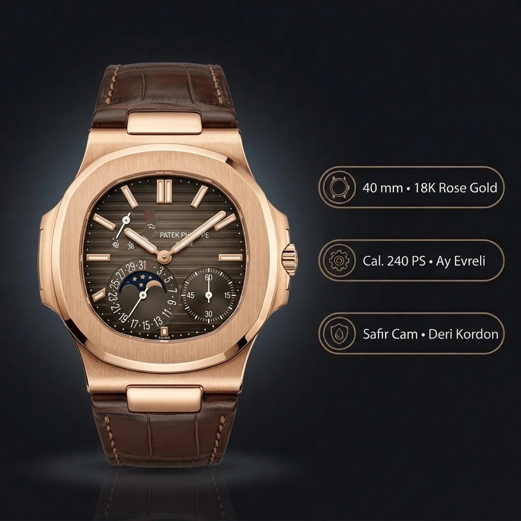 Patek Philippe Nautilus 5712 Rose Gold Mavi Moonphase Deri 40 mm Super Clone ETA Saat