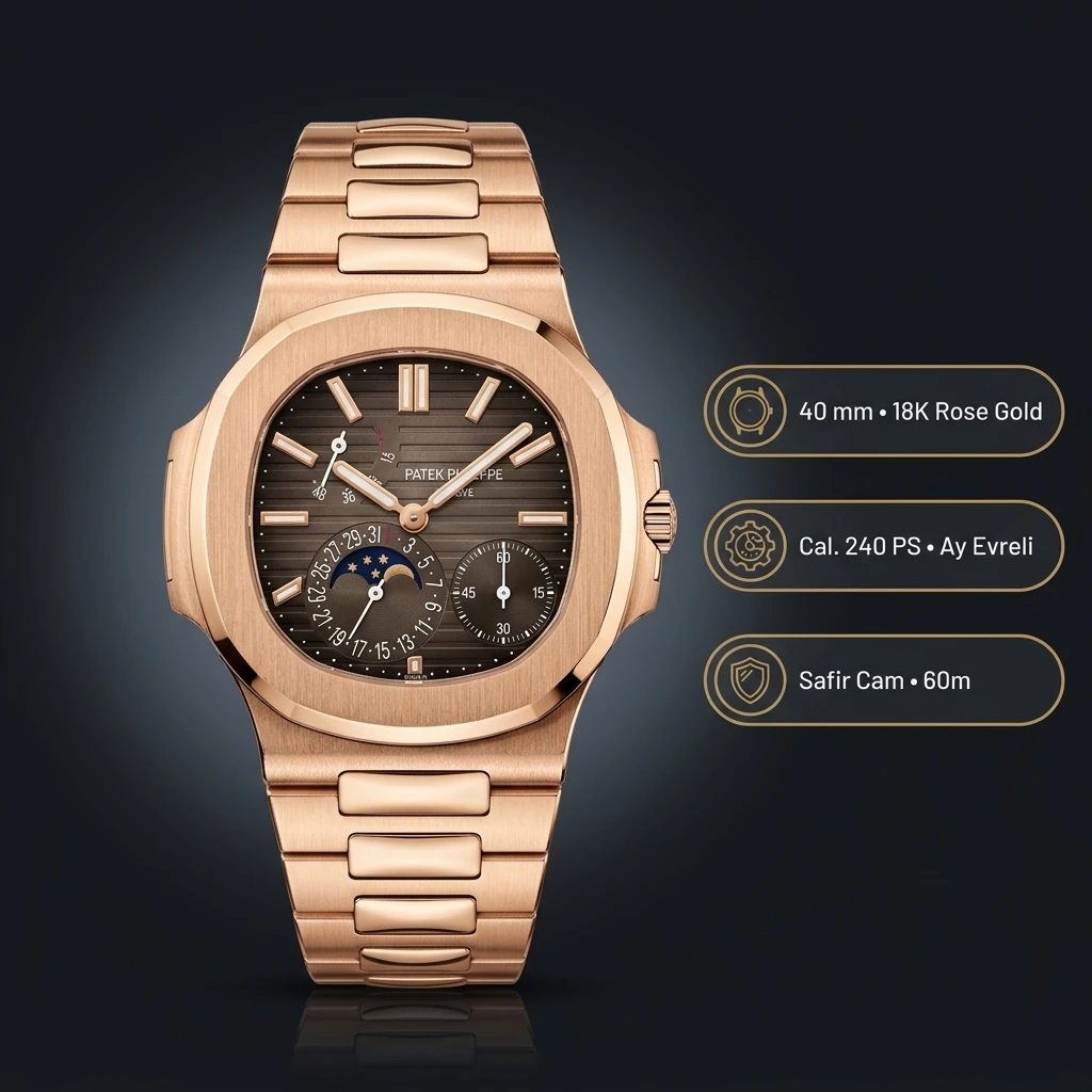 Patek Philippe Nautilus 5712 Rose Gold Siyah Moonphase Çelik 40 mm Super Clone ETA Saat