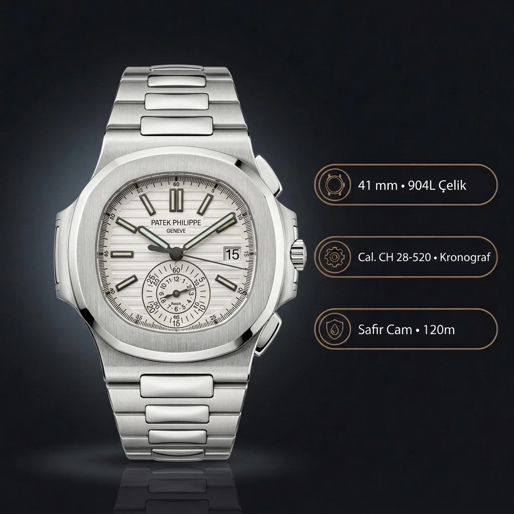 Patek Philippe Nautilus 5980 Beyaz Kadran Chronograph Çelik 41 mm Super Clone ETA Saat