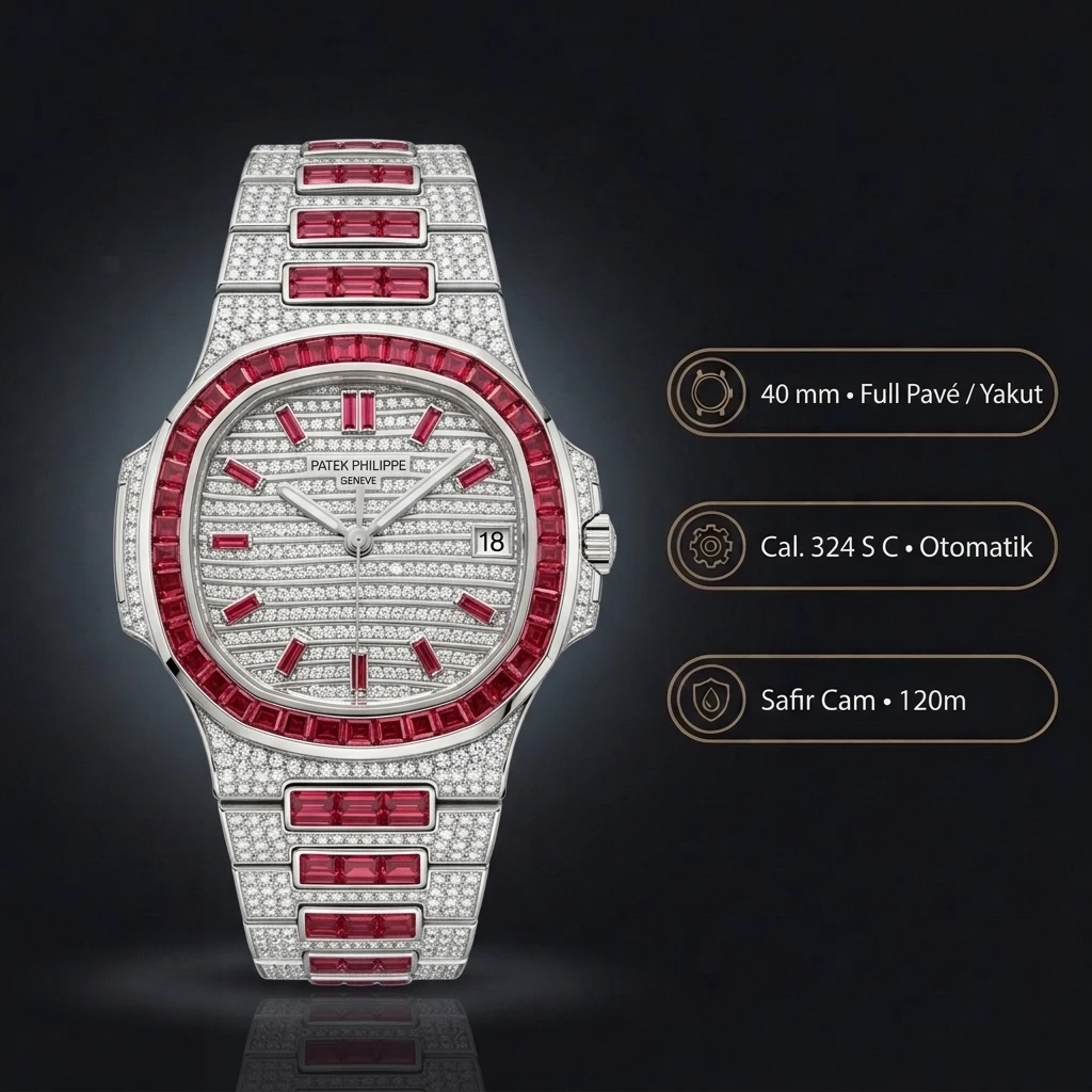Patek Philippe Nautilus Beyaz Elmas Kirmizi Baget Taşlı 40 mm Super Clone ETA Saat