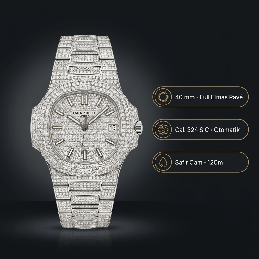 Patek Philippe Nautilus Beyaz Elmas Taşlı Full Pavé Parlak 40 mm Super Clone ETA Saat