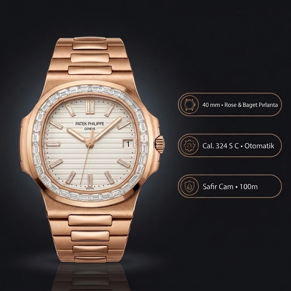 Patek Philippe Nautilus Beyaz Kadran Rose Kasa Baget Bezel Çelik Kordon 40 mm Super Clone ETA Saat