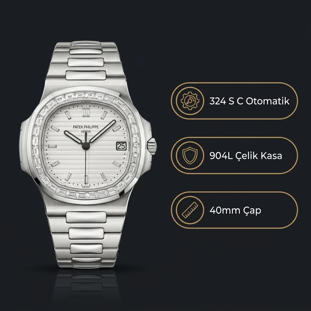 Patek Philippe Nautilus Beyaz Kadran Taşlı Bezel Çelik 40 mm Super Clone ETA Saat