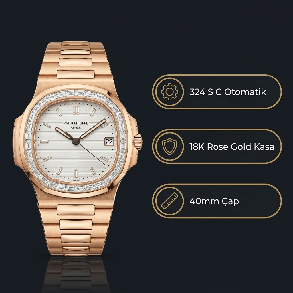 Patek Philippe Nautilus Beyaz Kadran Taşlı Bezel Gold 40 mm Super Clone ETA Saat
