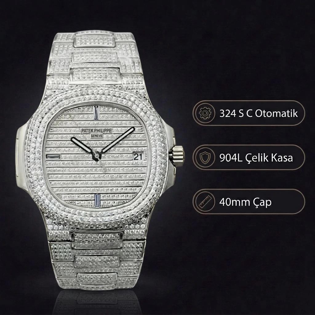 Patek Philippe Nautilus Beyaz Kadran Taşlı Çelik 40 mm Super Clone ETA Saat