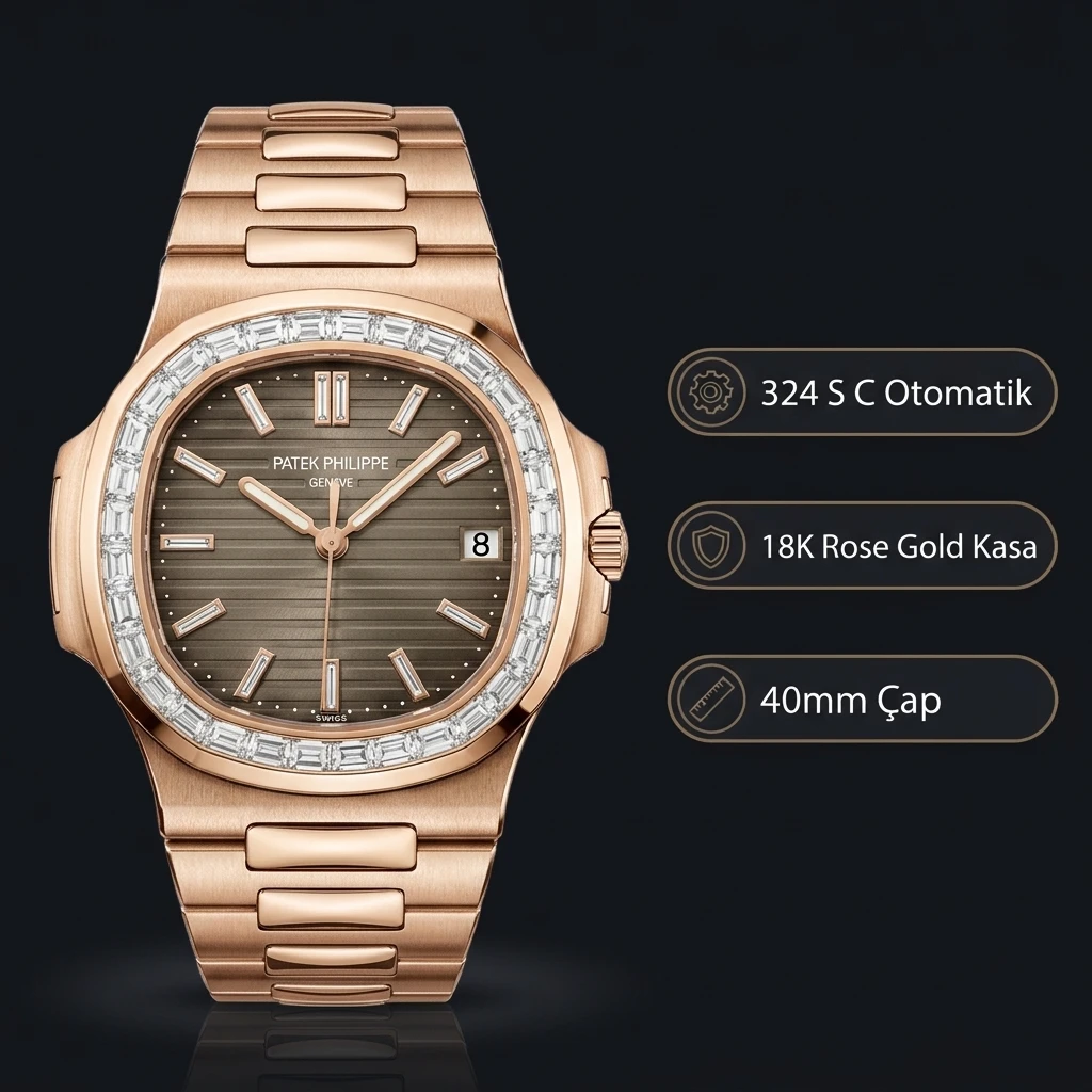 Patek Philippe Nautilus Gri Kadran Taşlı Bezel Gold 40 mm Super Clone ETA Saat
