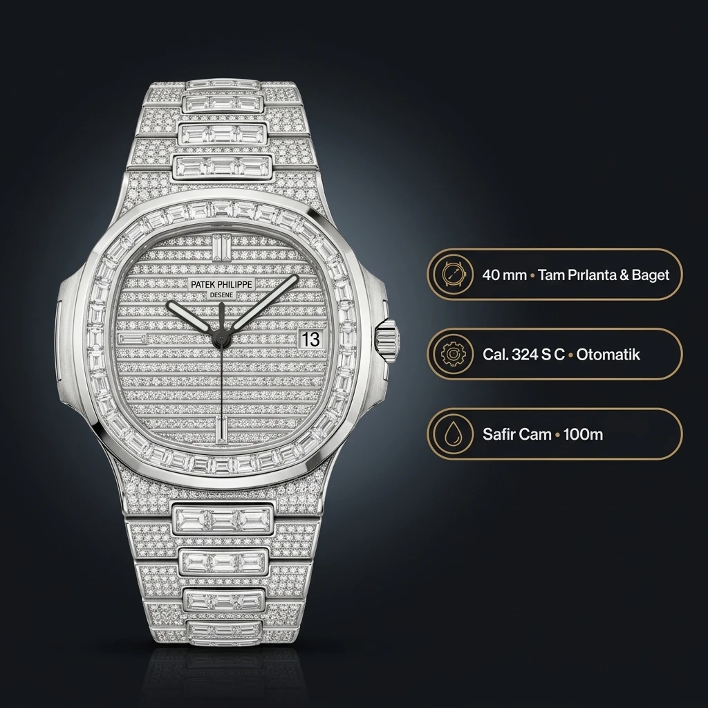 Patek Philippe Nautilus İskelet Taşlı Kadran Baget Bezel Çelik Kordon 40 mm Super Clone ETA Saat